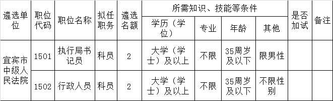 2015年下半年宜宾市中级人民法院公开遴选公务员（参公人员）职位计划表.png