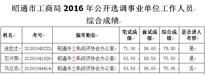 昭通市工商局2016年公开选调事业单位工作人员综合成绩.png