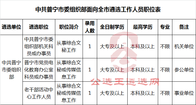 中共普宁市委组织部面向全市遴选工作人员职位表.png